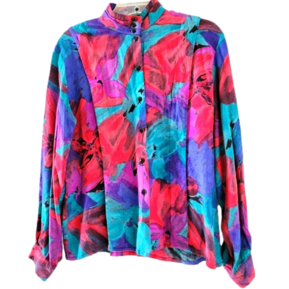 Prophecy Vintage Multicolored Mock Neck Button-Down Blouse